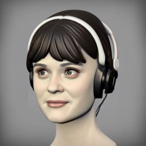 Prompt: a ceramic bust of zooey deschanel, 3 d render, glasses, headphones, neon lighting