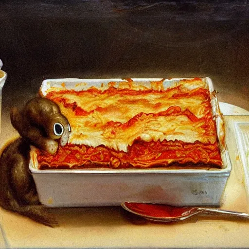 Prompt: garfield devouring a piping hot lasagna in the style of goya's saturn devouring his child