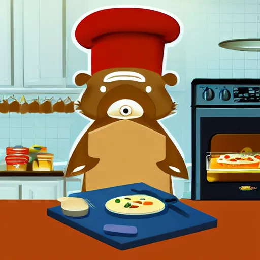 Image similar to cute platypus on a kitchen wearing a chef hat and holding a lasagna into an oven, digital art