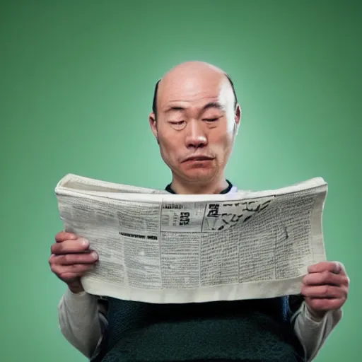 Prompt: japanese balding man with gray hair, holding a newspaper and looking up at his room with contrastic green lighting scary