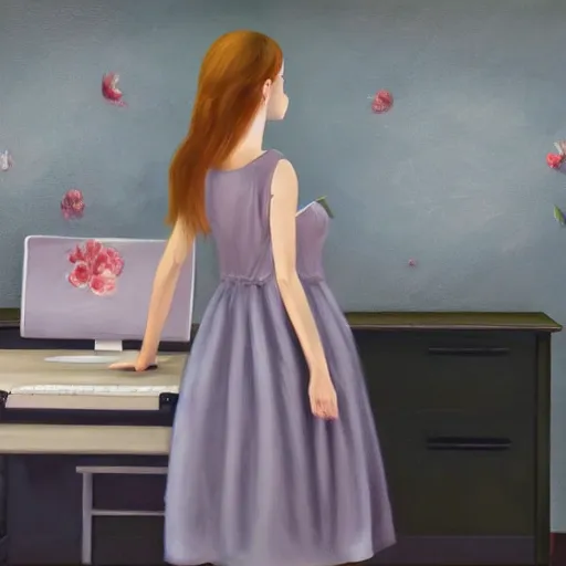 Prompt: oil painting, full room view, skinny female artist back view, dark hair, pale grey babydoll dress with 3d flowers, typing on a computer keyboard facing a giant wall size computer screen