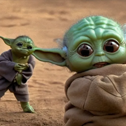 Image similar to a film still of baby yoda's son being trained by luke skywalker in star wars realistic, detailed