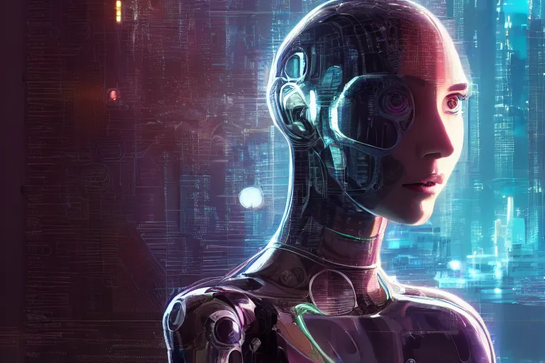 Image similar to highly detailed surreal vfx portrait of a robot android, ex machina, ghost in the shell, alita battle angel, stephen bliss, unreal engine, greg rutkowski, loish, rhads, beeple, makoto shinkai and lois van baarle, ilya kuvshinov, rossdraws, tom bagshaw, global illumination, detailed and intricate environment