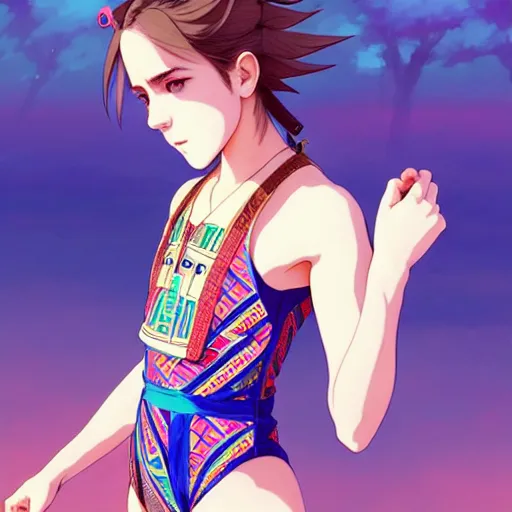 Image similar to a beautiful boyish emma watson alluring instagram model, wearing elaborate japanese hiphop leotard outfit with mayan pattern and native fashion, aztec street fashion bathing suit, jrpg fashion, gapmoe yandere grimdark, trending on pixiv fanbox, painted by greg rutkowski makoto shinkai takashi takeuchi studio ghibli, akihiko yoshida