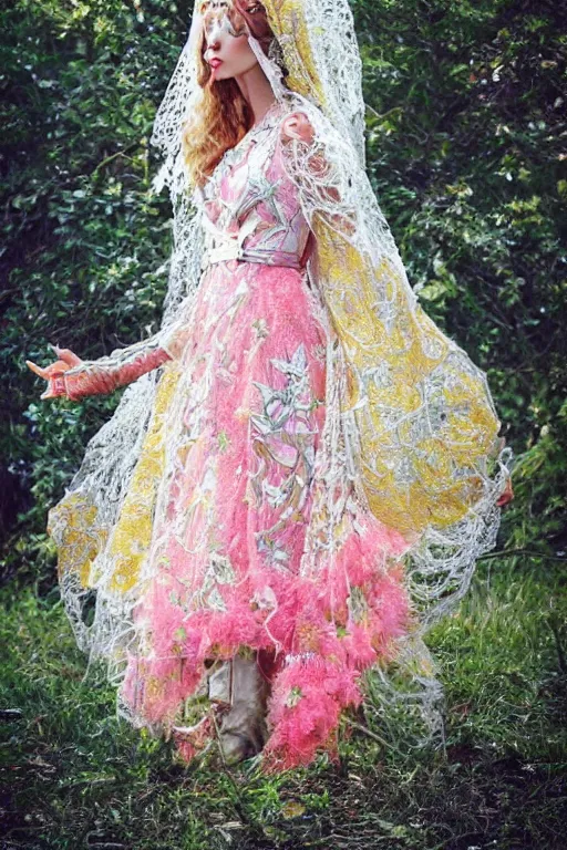 Prompt: elegant spring floral patterned mystical fashion fantasy slavic cybernetic lace dress, yellow pink and silver, coin-chain veil, haute couture scifi fashion photography beautiful model, full-body outfit natural scene