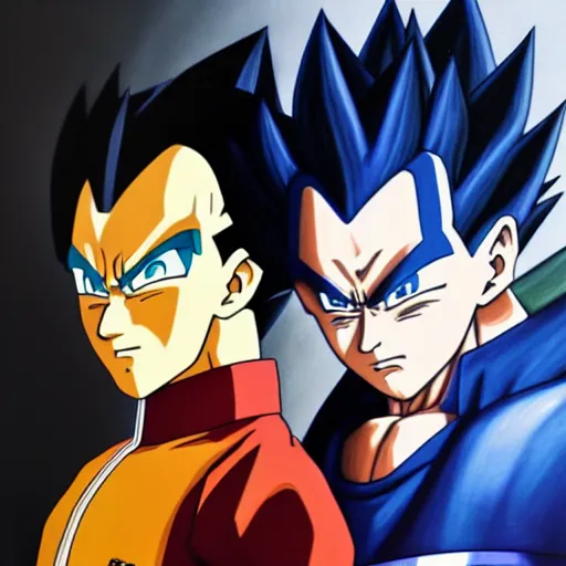 Image similar to ultra realistic portrait painting of a fusion of vegeta and sasuke art by masashi kishimoto, 4 k, naruto artstyle, cel shaded, highly detailed, epic lighting, full body