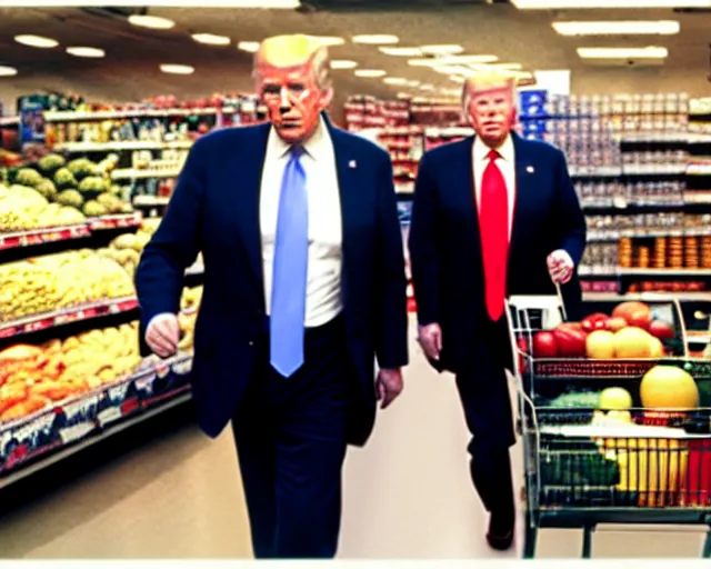 Image similar to joe biden and trump buying groceries. center frame medium shot, shot on technicolor cinemascope 35mm anamorphic lense, flare