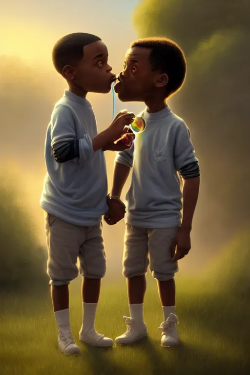 Prompt: Will Smith and Chris Rock As Short Midgets Holding Hands And Blowing Bubbles, illustration, soft lighting, soft details, painting oil on canvas by Edmund Blair Leighton and Charlie Bowater octane render, HDR, trending on artstation, 4k, 8k, HD