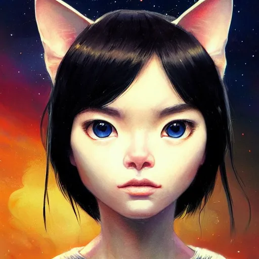 Image similar to A space realistic cat with big and cute eyes, fine-face, realistic shaded perfect face, fine details. realistic shaded lighting poster by Ilya Kuvshinov katsuhiro otomo ghost-in-the-shell, magali villeneuve, artgerm, Jeremy Lipkin and Michael Garmash, Rob Rey and Kentarõ Miura style, trending on art station