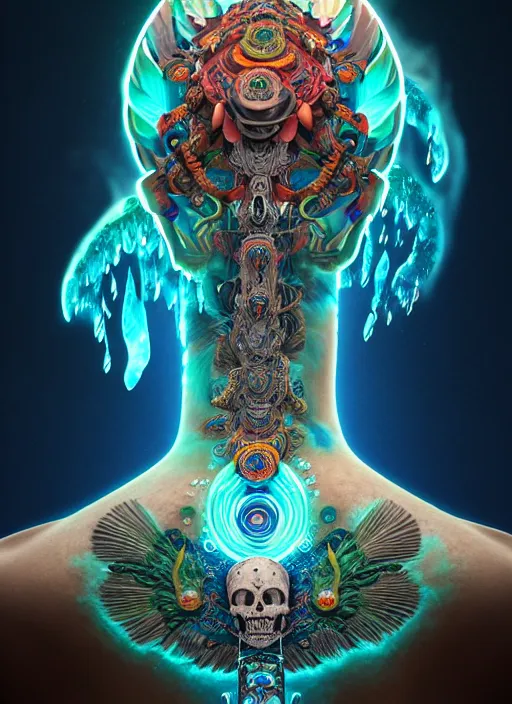 Image similar to 3 d shaman with tattoos profile portrait, sigma 5 0 0 mm f / 5. beautiful intricate highly detailed quetzalcoatl skull and feathers. bioluminescent, plasma, lava, ice, water, wind, creature, thunderstorm! artwork by tooth wu and wlop and beeple and greg rutkowski, 8 k trending on artstation,