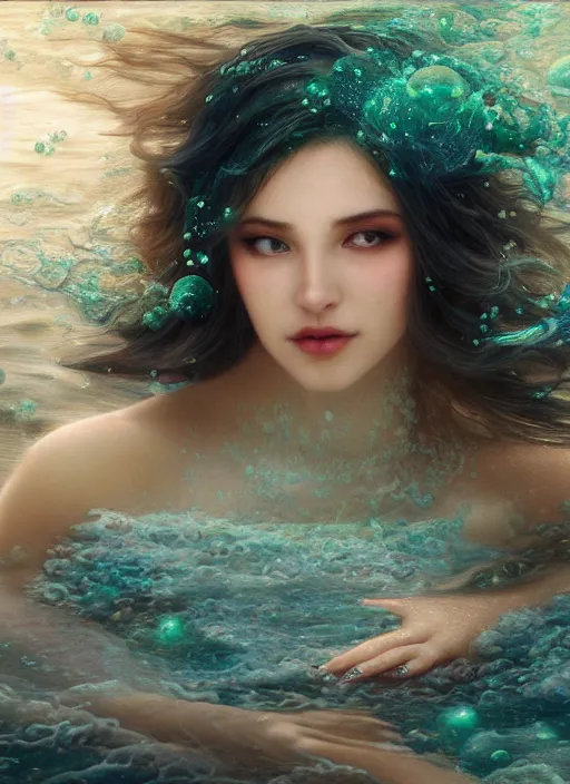 Image similar to hyper realist matte digital painting of a beautiful woman, beautiful face, underwater photography, full body, jugendstill, floating in water, flowing gown, bubbles rising, seaweed, headspace, fairytale, fantasy art, photo realistic, dynamic lighting, artstation, volumetric lighting, by mucha, by charlie bowater, by karol bak, by alma tadema