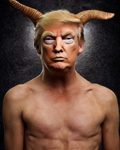 Image similar to Donald Trump in Elaborate Pan Satyr Goat Man Makeup and prosthetics designed by Rick Baker, Hyperreal, Head Shots Photographed in the Style of Annie Leibovitz, Studio Lighting