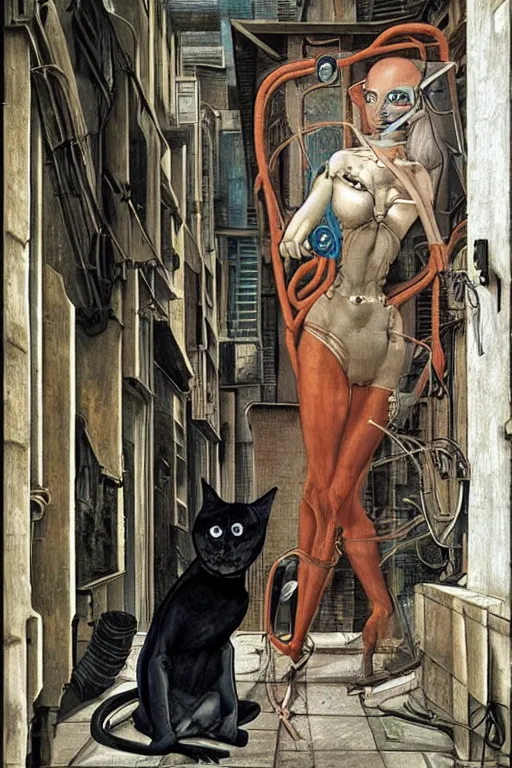 Image similar to a cyborg! sphynx cat!!, in a cyberpunk alleyway by sandro botticelli