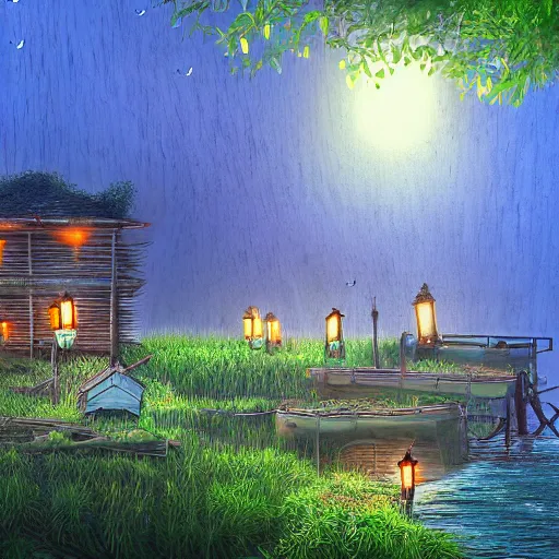 Image similar to a wooden makeshift fishing village inhabited by otters, built in a mossy overgrown bayou, evening lit by lanterns and fireflies, digital art