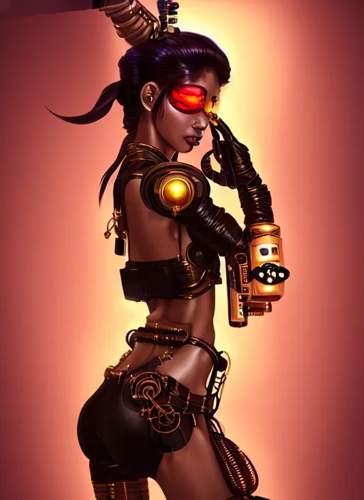 Image similar to soft lustrous ebony geisha seductive raver steampunk space cowgirl cyborg, golden ratio, details, scifi, fantasy, cyberpunk city, intricate, decadent, highly detailed, octane render, digital painting, artstation, concept art, sharp focus, illustration, art by artgerm, loish, wlop