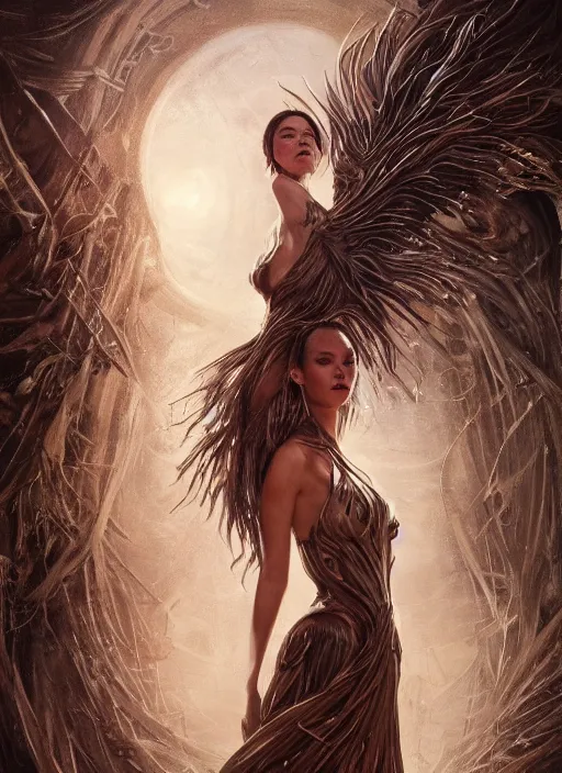 Image similar to portrait of Catriona Gray as a ever reaching Goddess of despair, cinematic, intricate story, blind and hungry souls around. a futuristic diety, fantasy, intricate, elegant, human anatomy, natural light, golden hour, highly detailed, digital painting, artstation, wide angle, smooth, sharp focus, illustration, art by brom, tian zi and WLOP and alphonse mucha, masterpiece, 3d blender, mitch foust, Clyde Caldwell, dof