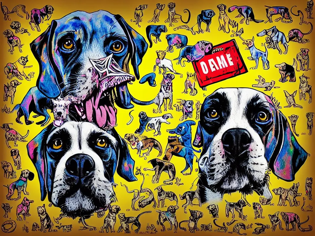 Prompt: beware the dogs out!!! pop art, pixel, ultrarealistic digital art, concept art, aesthetic details, random anatomy features animals + human + environment, random object position, smooth painting, intricate details, sharp focus, three colors, classic, paper border, elegant, 4 d, watercolor pencil + ink drawing, art by mimmo rottela and bengus and banksy