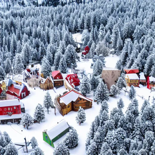 Prompt: orthographic aerial view of a christmas themed town, snow, pine trees, happy, cute, high detail, 8 k,