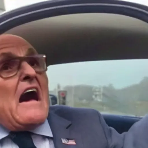 Prompt: rudy giuliani is very drunk screaming in the driver's seat during a 100mph car crash on the freeway