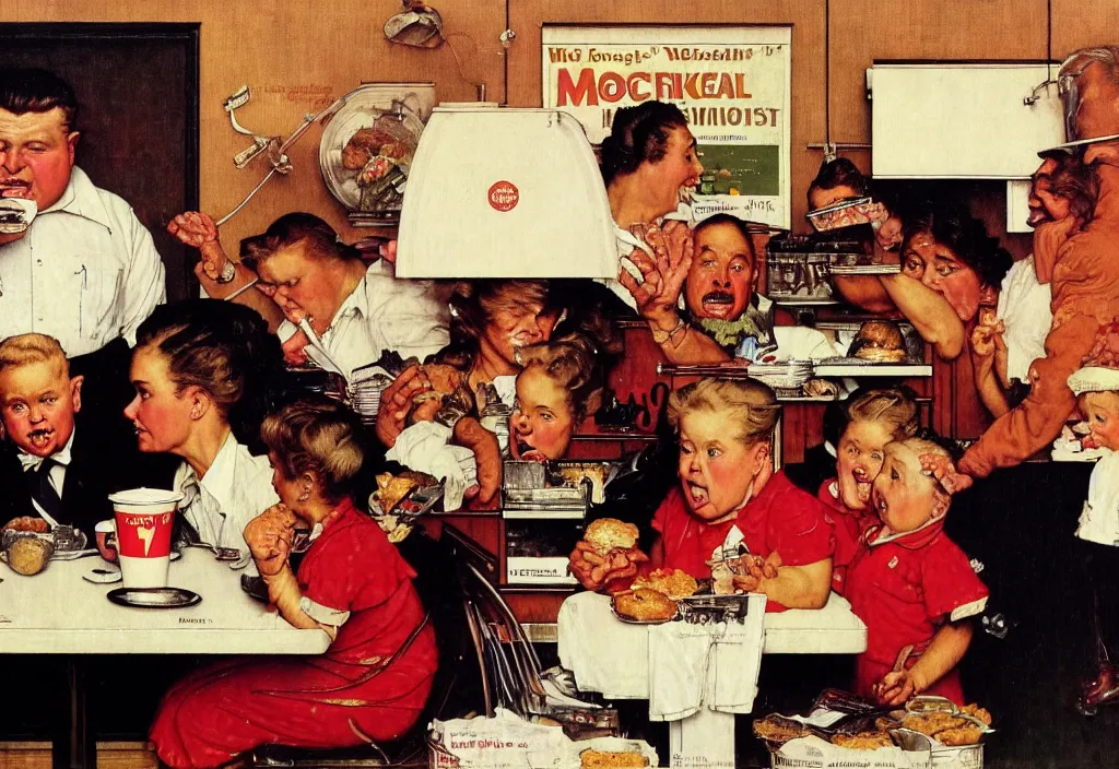 Prompt: A Norman Rockwell painting of an obese American family ordering food at McDonald's, cinematic, 8k