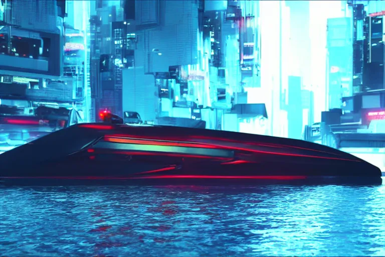 Prompt: Anime Cyberpunk Speedboat going Full speed, movie still, speed, cinematic Panavision 5384 film