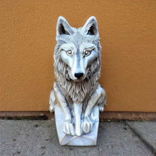 Prompt: gorgeous wolf statue with gold filigree, carved marble