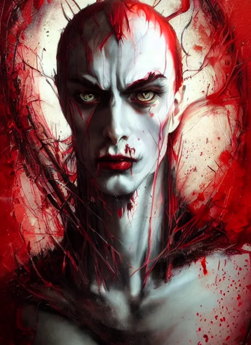 Image similar to a Demon Slayer portrait of a Vampire, tall, pale-skinned, slender with red eyes by Stanley Artgerm, Tom Bagshaw, Arthur Adams, Carne Griffiths, trending on Deviant Art, street art, face enhance, chillwave, maximalist, full of color, glittering