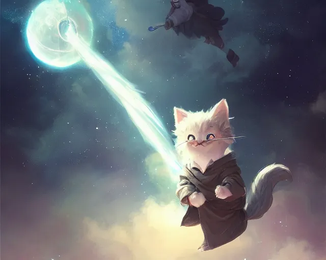 Image similar to one cartoonish kitty dressed as Gandalf floating alone in space, bright stars, anime, a fantasy digital painting by Greg Rutkowski and James Gurney, trending on Artstation, highly detailed