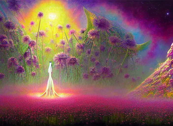 Image similar to a beautiful painting of a large alien shrine shrouded by mystic nebula magic in a field of flowers by moebius and android jones, oil on canvas sharp, details, hyper - detailed, hd, hdr, 4 k, 8 k