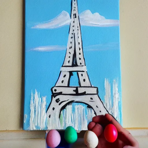 Image similar to A polar bear painting easter eggs in front of the Eiffel Tower