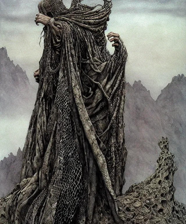 Image similar to A detailed snakewoman stands among the hills. Wearing a ripped mantle, robe. Extremely high details, realistic, fantasy art, solo, masterpiece, art by Zdzisław Beksiński, Arthur Rackham, Dariusz Zawadzki