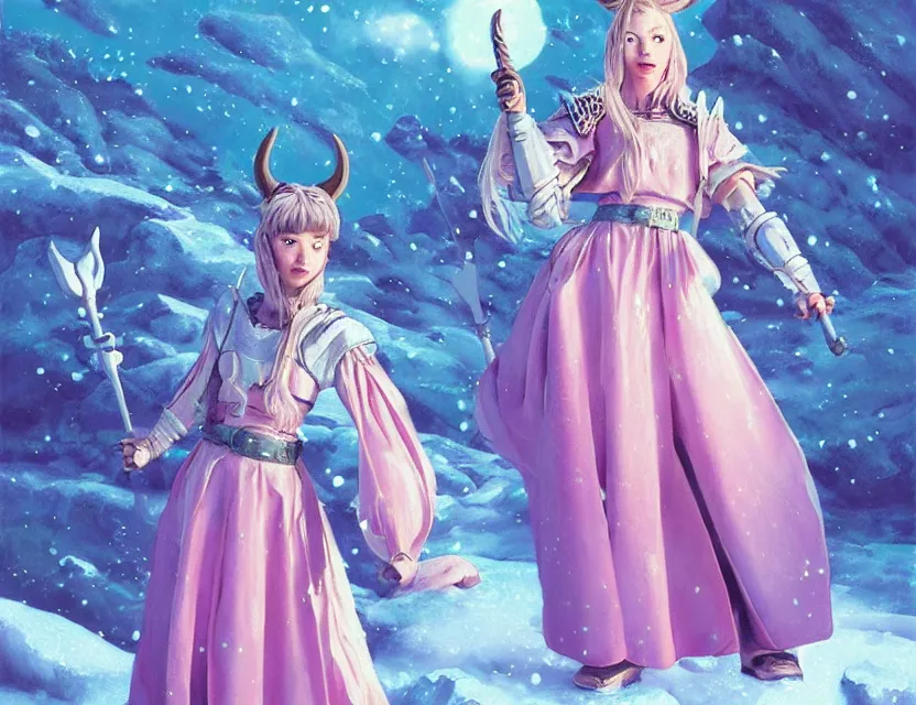 Image similar to viking scifi princess of the snowy mountains, wearing a lovely dress with vaporwave details. this oil painting by the award - winning mangaka has an interesting color scheme and impeccable lighting.