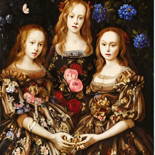 Image similar to renaissance, baroque oil painting of a group of creepy young ladies wearing renaissance long harajuku manga dress with flowers and skulls, background chaotic flowers