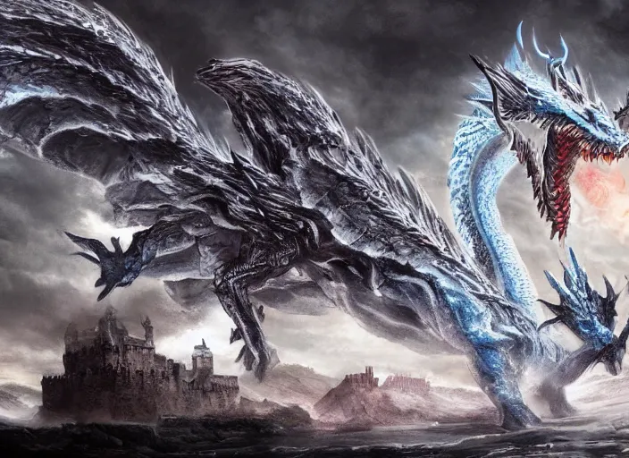 Image similar to giant ice dragon attacking an ancient castle, highly detailed, 4 k, hdr, award - winning, directed by zack snyder, trending on art station, matte