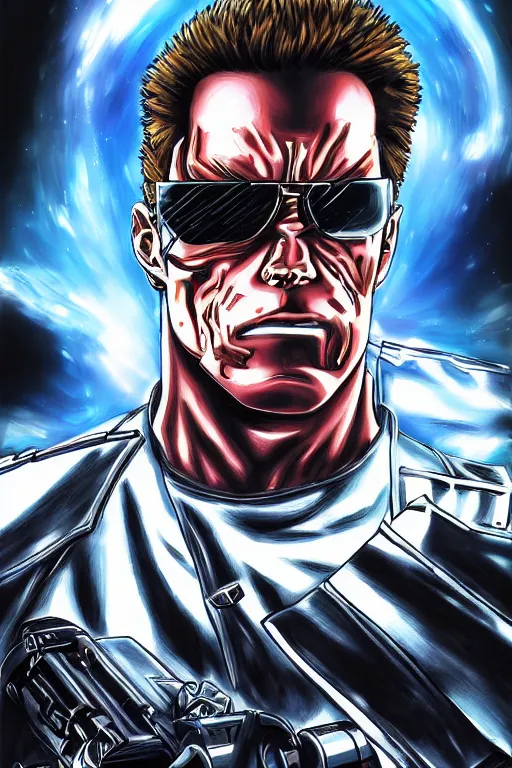Image similar to photo portrait of the Terminator in the style of the anime JoJo, highly detailed, 8k, ultra-realistic, perfect light