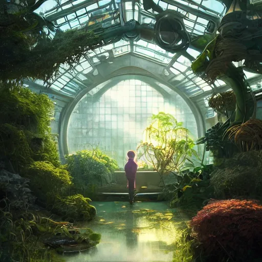 Prompt: , boy with grandma in scifi green house, spaceship, plants, viewed from afar, stephen bliss, misty, unreal engine, fantasy art by greg rutkowski, loish, ferdinand knab, and lois van rossdraws, global illumination, radiant light, minimalist, detailed and intricate environment