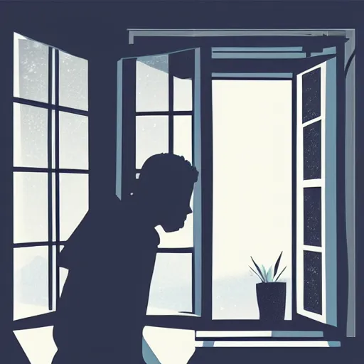 Prompt: lo-fi style art of a man looking out his window at night, digital art