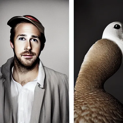 Prompt: portrait of a goose dressed as ryan gosling, feather suit, natural light, sharp, detailed face, magazine, press, photo, steve mccurry, david lazar, canon, nikon, focus