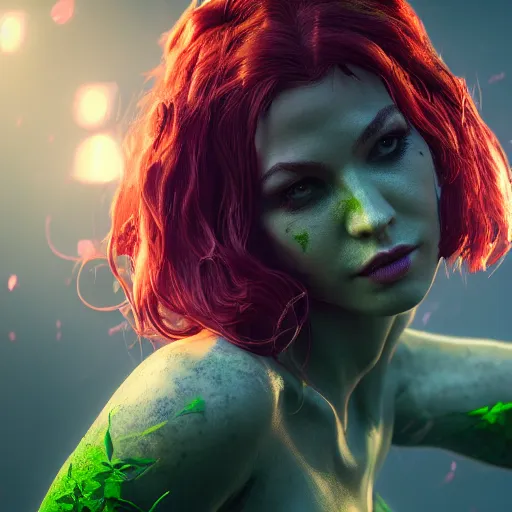 Prompt: poison ivy from batman arkham knight, unreal engine, volumetric illumination, digital art, octane render, cinematic lightning, 8 k