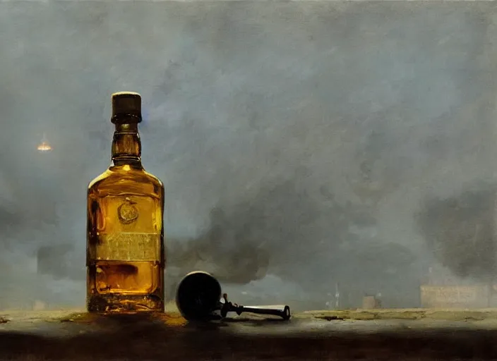 Image similar to impasto oil painting of whiskey bottle, art by anders zorn, wonderful masterpiece by greg rutkowski, beautiful cinematic light, american romanticism by greg manchess, creation by tyler edlin