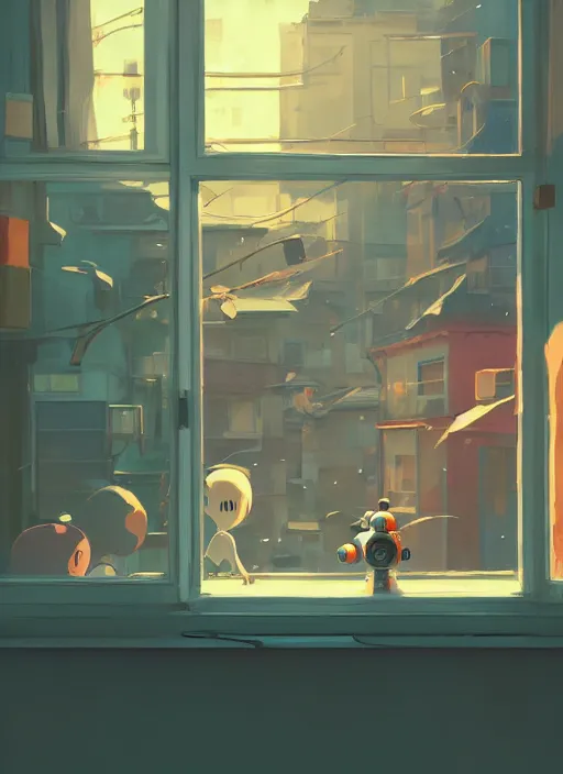 Image similar to seen through a window, robot toy shop, detailed, cory loftis, james gilleard, atey ghailan, makoto shinkai, goro fujita, studio ghibli, rim light, exquisite lighting, clear focus, soft painting, ethereal, 8 k