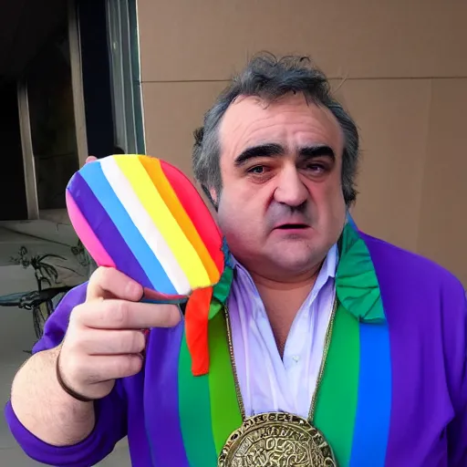 Image similar to a man who looks like john belushi mixed with gordon brown, wearing a rainbow coloured tracksuit and big gold star shaped medallion