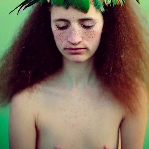 Prompt: A analog head and shoulder frontal portrait photography of a freckled woman wearing an intricate green feathers crown by Annie Leibovitz. Long hair. eyes closed. soft gradient pastel color background. sunshine. Kodak Color Plus 200 film. Icelandic mood. detailed. hq. realistic. Rembrandt light style. swirly bokeh. warm light. muted colors. lens flare. photoreal. Leica M9, canon EOS R3, f/1.4, ISO 200, 1/160s, 8K, RAW, unedited, symmetrical balance, in-frame