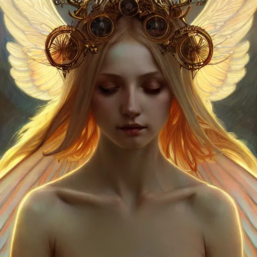 Image similar to Winged girl angel covered in eyes with blonde hair and glowing halo, iridescent, seraphim, fantasy, intricate, elegant, highly detailed, digital painting, artstation, concept art, smooth, sharp focus, illustration, art by Krenz Cushart and Artem Demura and alphonse mucha