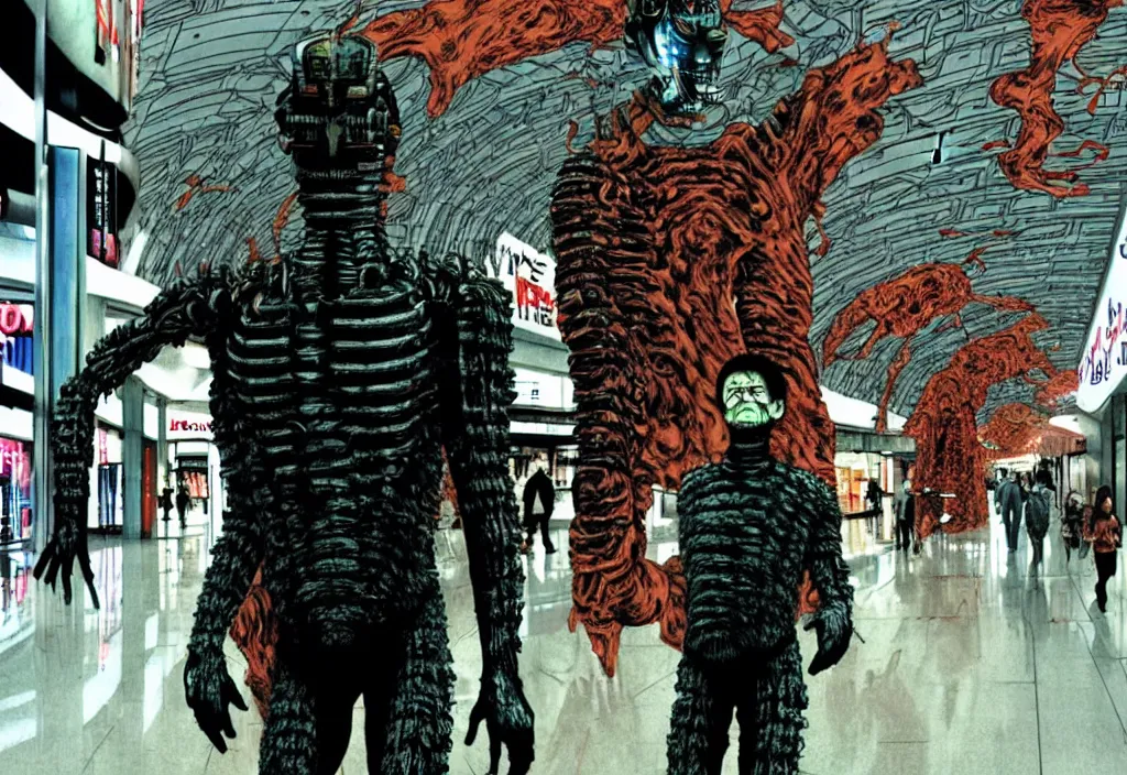 Image similar to hyperrealistic colorized cinestill of willem dafoe in the style of dead space, junji ito, gantz, roaming toronto yorkdale mall. deep aesthetics of weirdcore