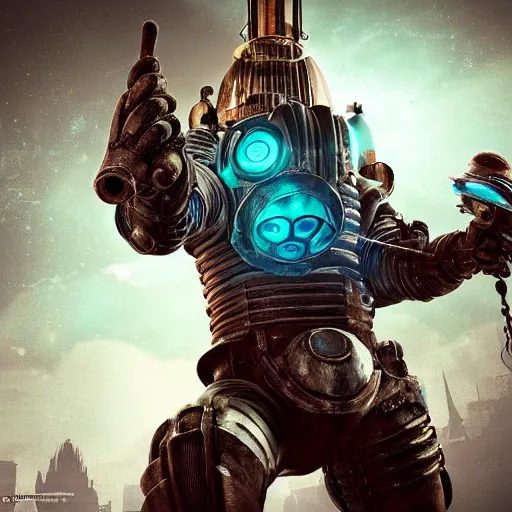 Image similar to isaac clarke!!!!!!!!!!!!!!!!! as a bioshock big daddy, unreal engine 5, bioshock and deadspace crossover event, high detail 3 d render,