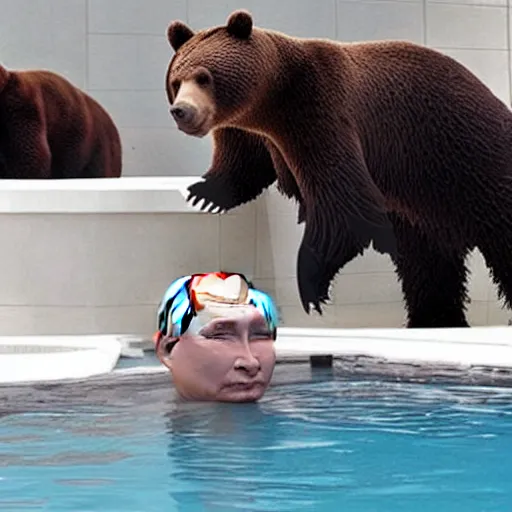 Image similar to putin bathes in a pool with bears