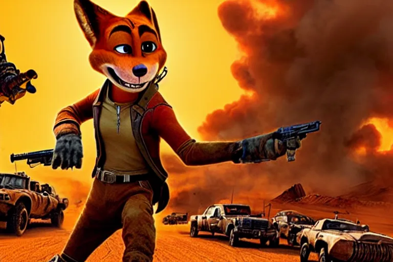 Image similar to nick wilde, heavily armed and armored facing down armageddon in a dark and gritty reboot from the makers of mad max : fury road : witness me