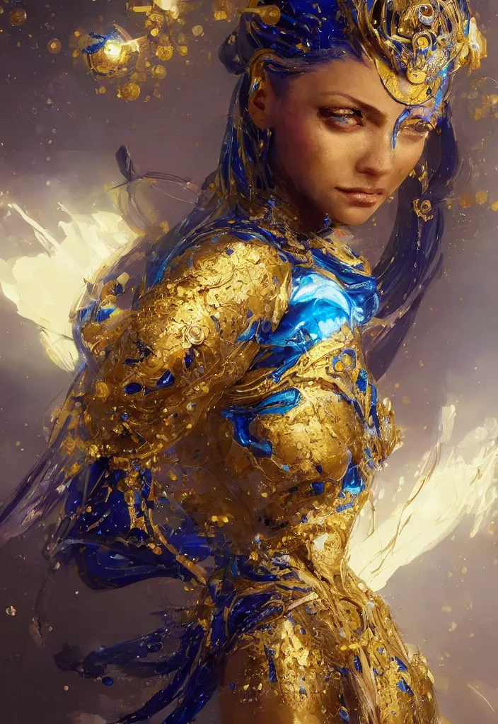 Prompt: the electronexus , goddess with golden skin with blue adornments ,Wadim Kashin, artgerm, XF IQ4, f/1.4, ISO 200, 1/160s, 8K, RAW, featured in artstation, illustrative, elegant, intricate, 8k