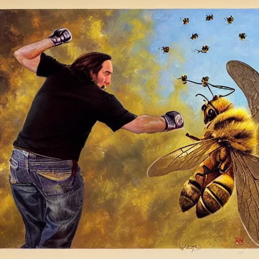 Prompt: Nicholas cage punching a giant bee, painted by james gurney